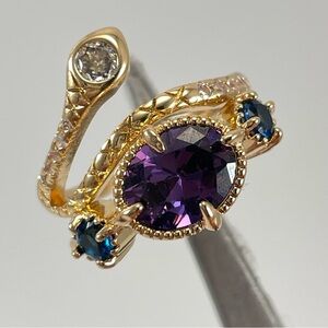 Stunning Statement Unique Purple Amethyst Sapphire CZ Gold Tone Plated Ring Set